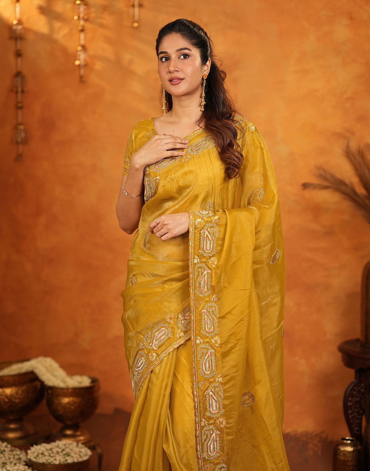 Mustard Shimmer Silk Stone Work Embroidery Saree
