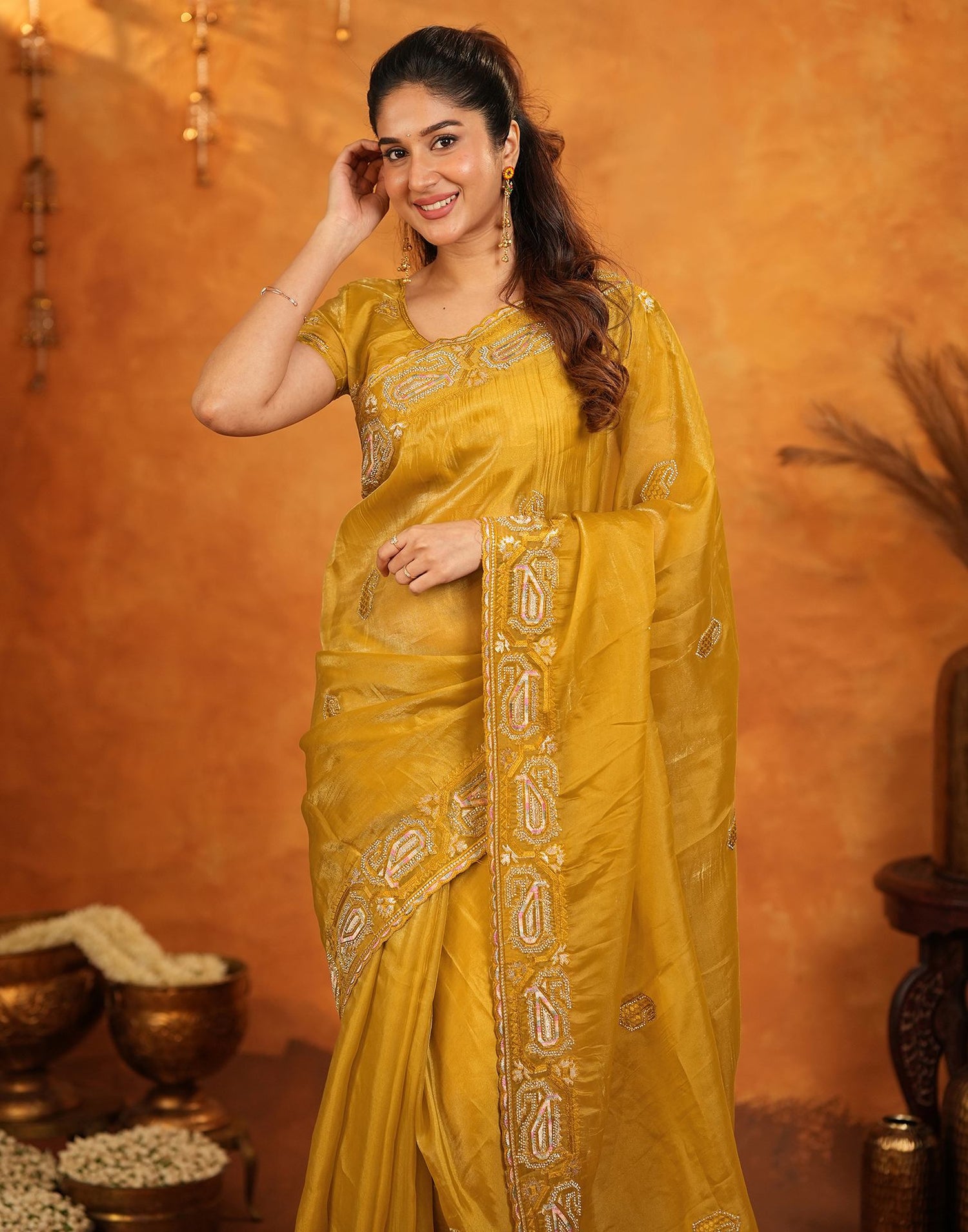 Mustard Shimmer Silk Stone Work Embroidery Saree