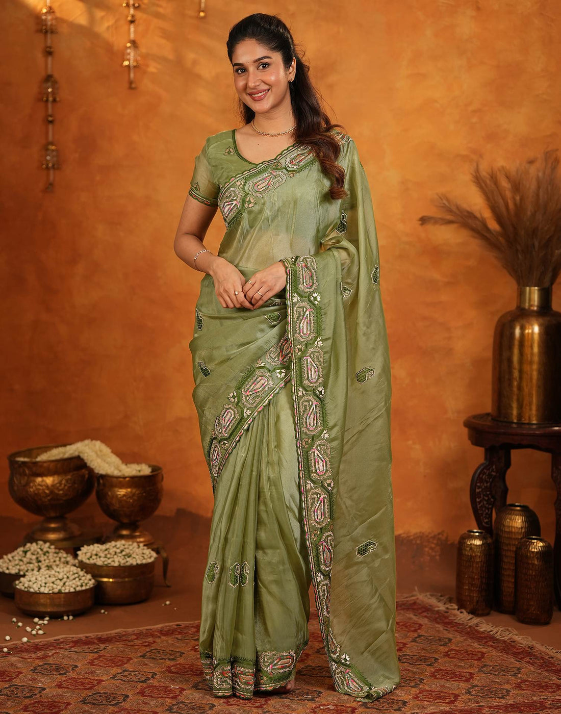 Pista Green Shimmer Silk Stone Work Embroidery Saree