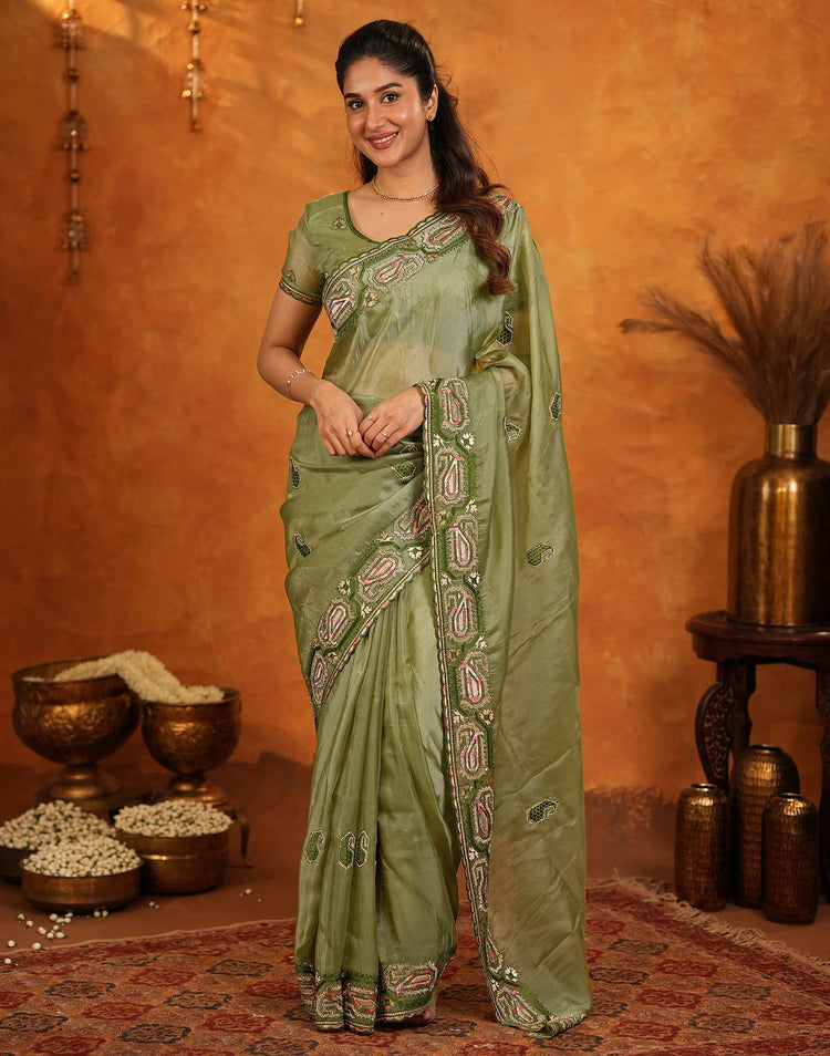 Pista Green Shimmer Silk Stone Work Embroidery Saree