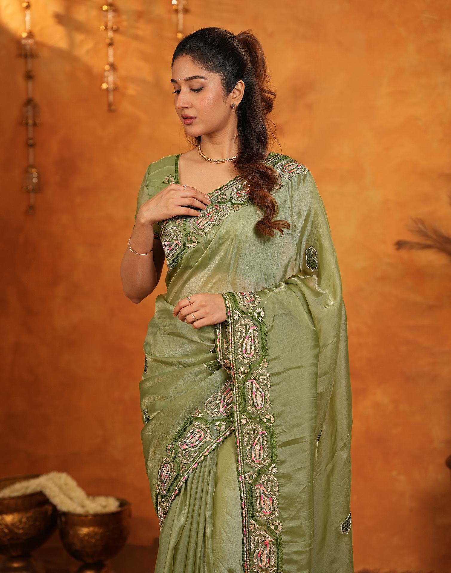 Pista Green Shimmer Silk Stone Work Embroidery Saree