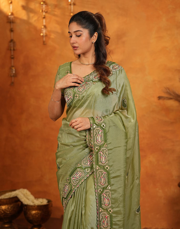 Pista Green Shimmer Silk Stone Work Embroidery Saree