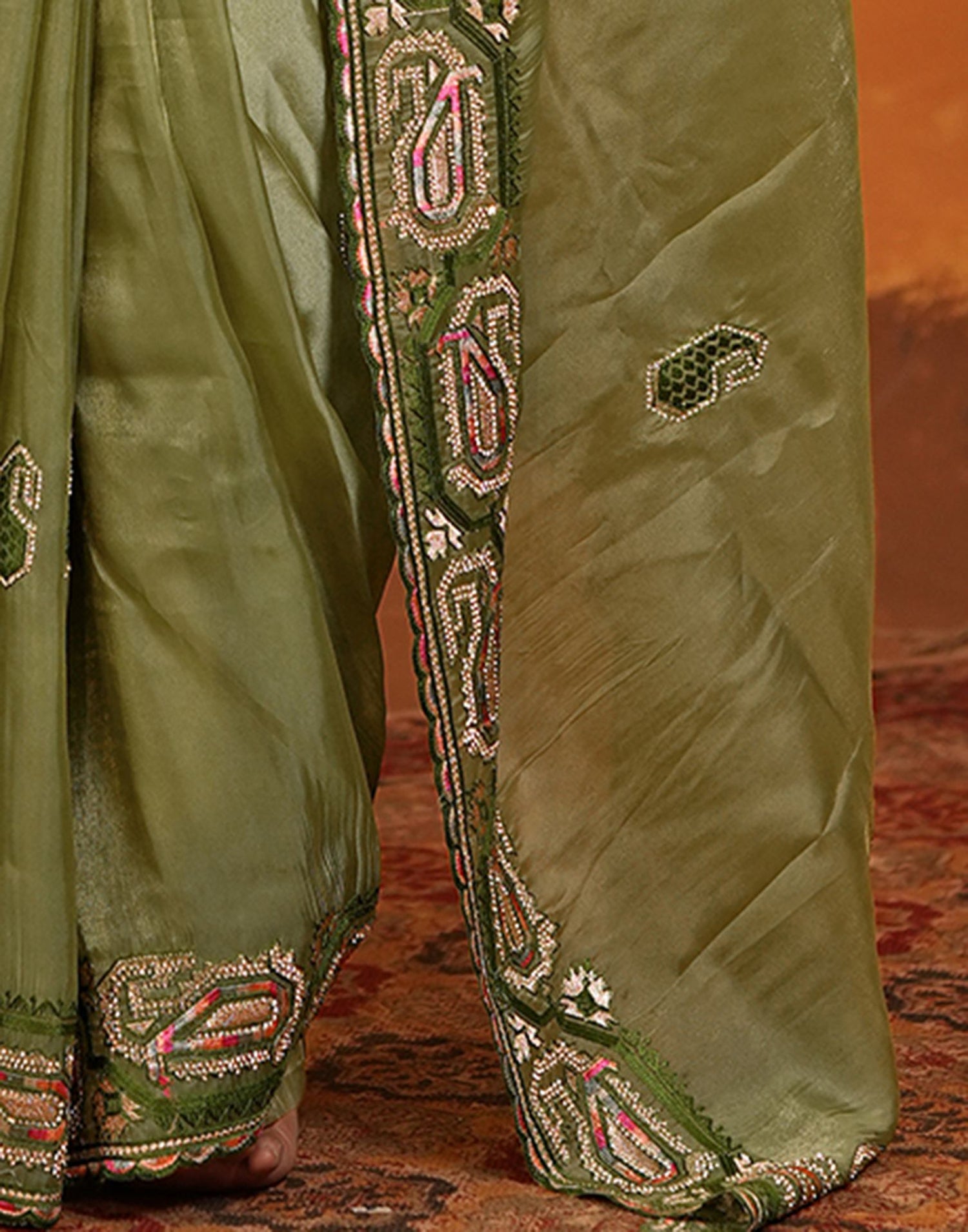 Pista Green Shimmer Silk Stone Work Embroidery Saree