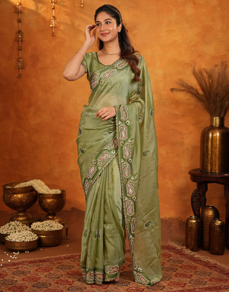 Pista Green Shimmer Silk Stone Work Embroidery Saree
