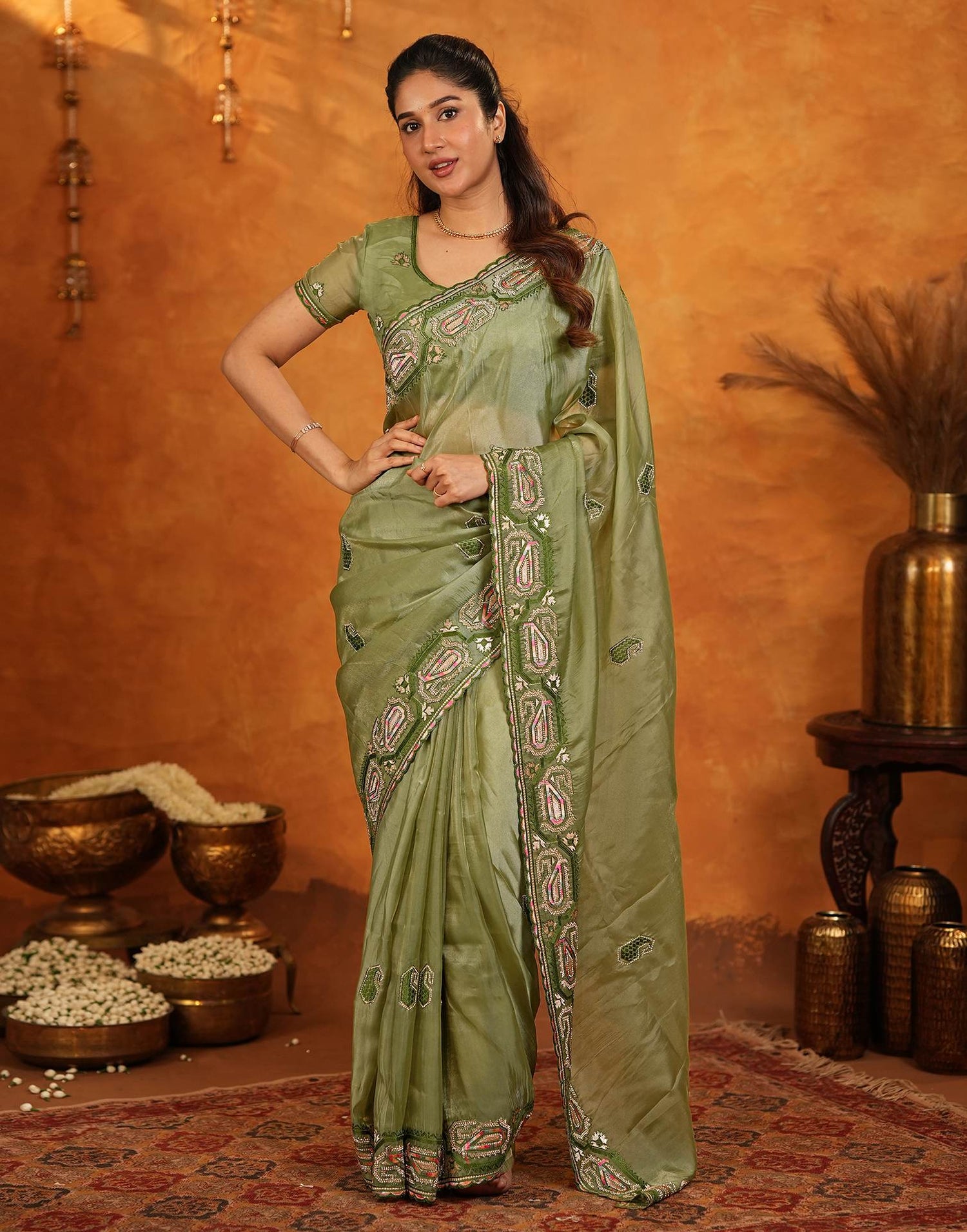 Pista Green Shimmer Silk Stone Work Embroidery Saree