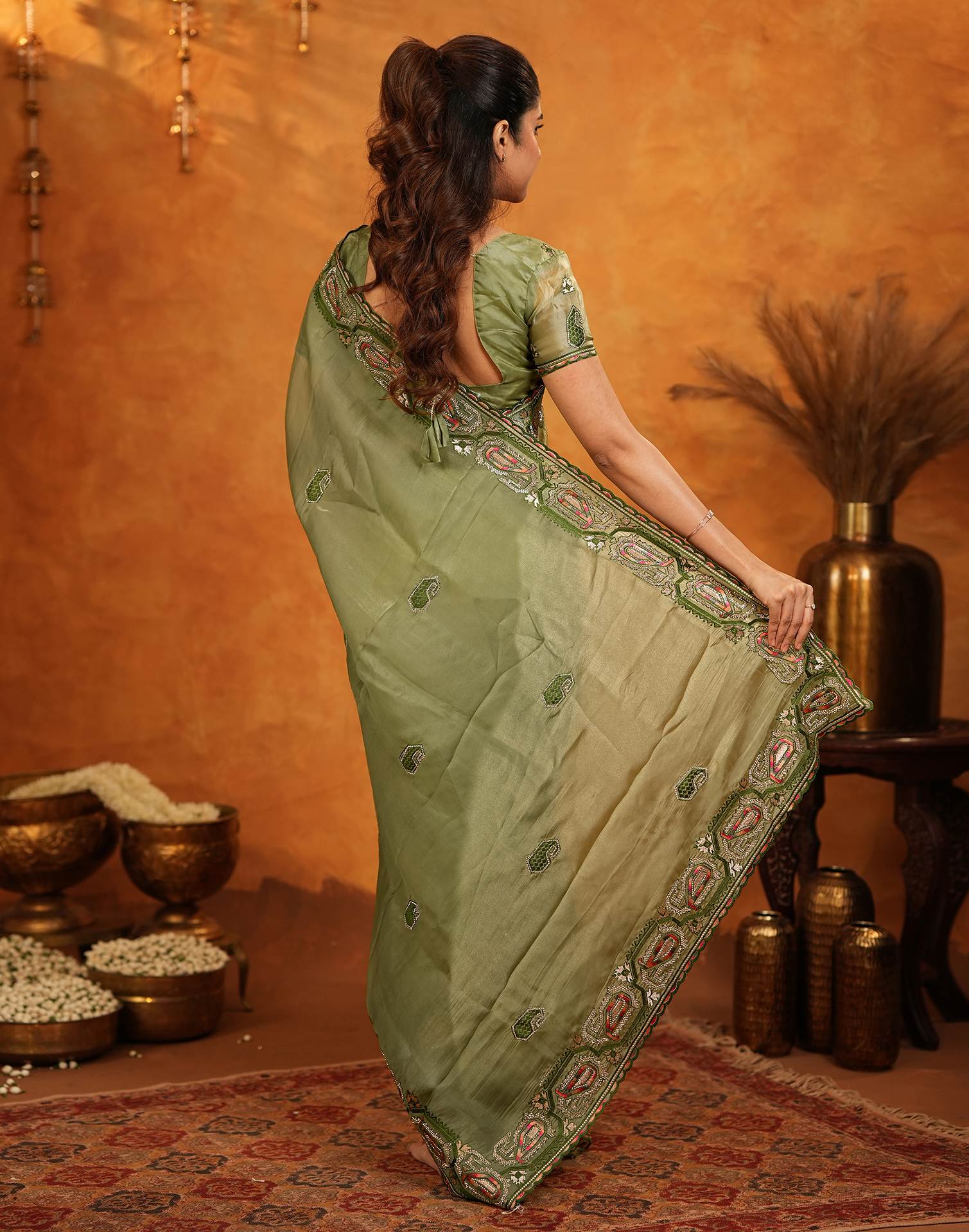Pista Green Shimmer Silk Stone Work Embroidery Saree