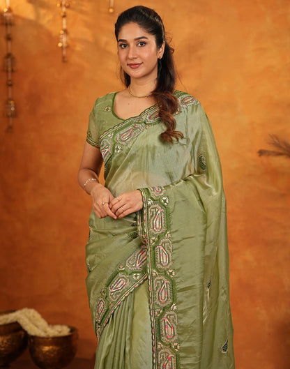 Pista Green Shimmer Silk Stone Work Embroidery Saree