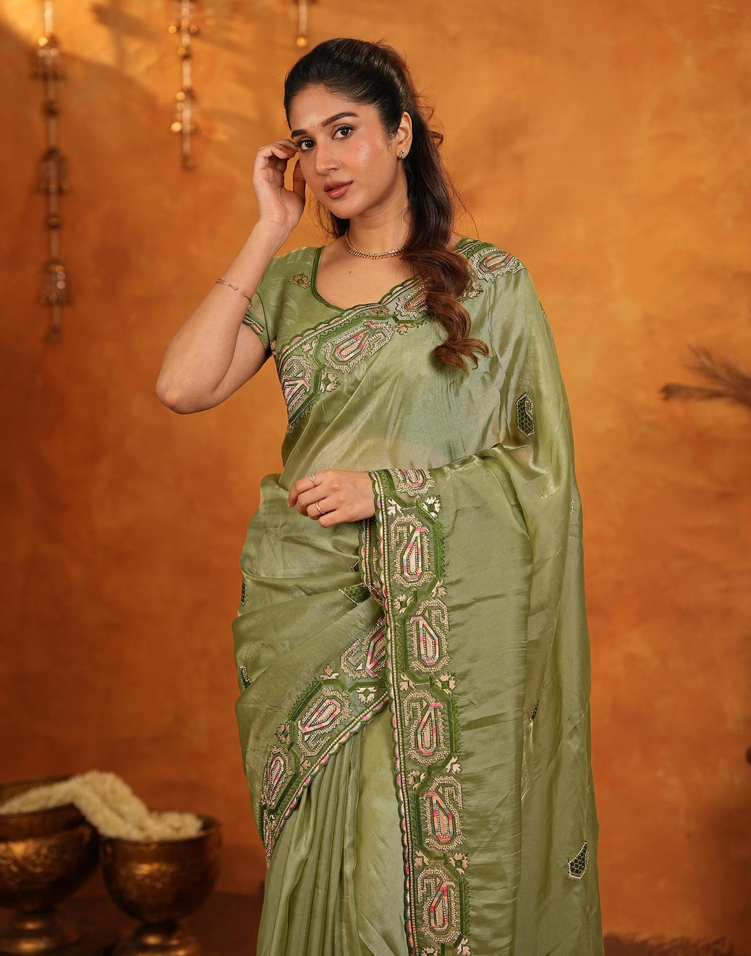 Pista Green Shimmer Silk Stone Work Embroidery Saree