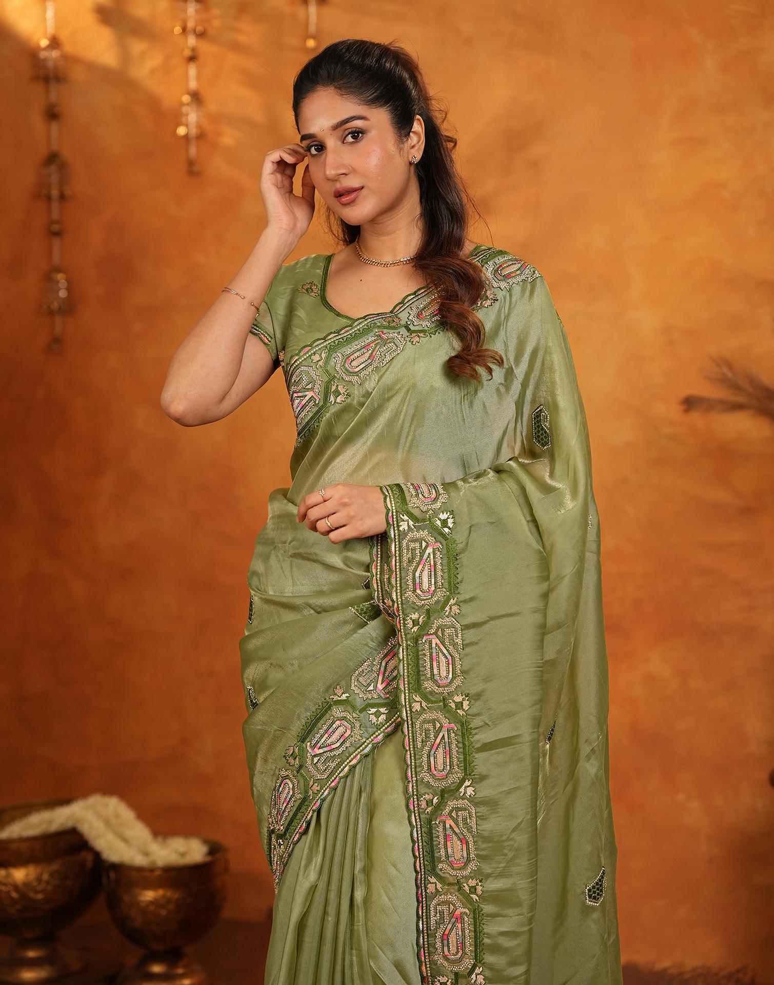 Pista Green Shimmer Silk Stone Work Embroidery Saree
