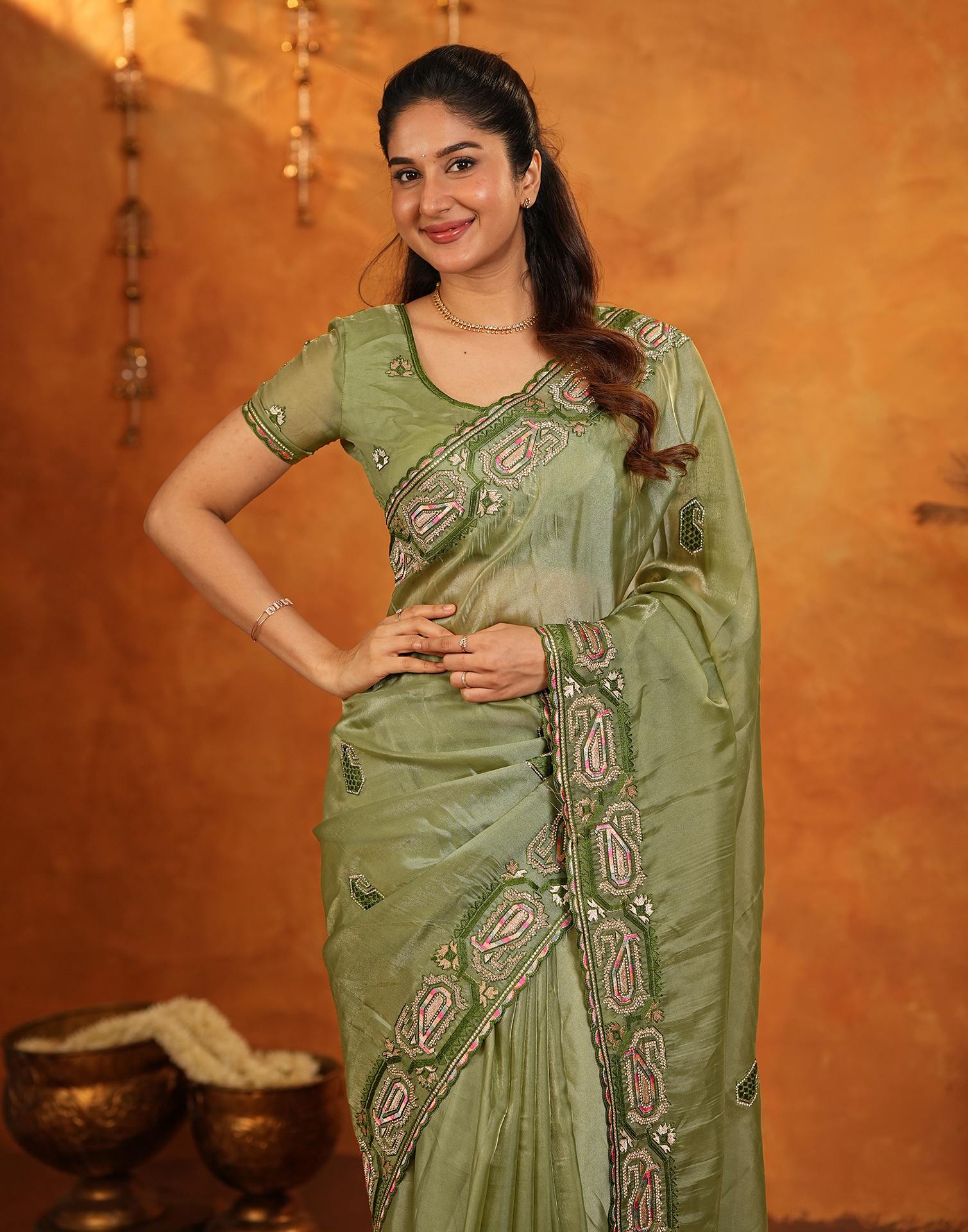 Pista Green Shimmer Silk Stone Work Embroidery Saree