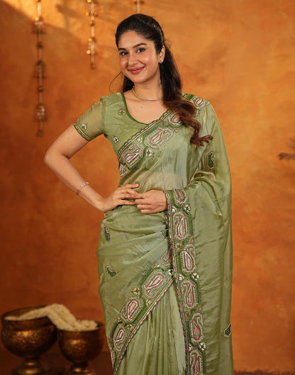 Pista Green Shimmer Silk Stone Work Embroidery Saree