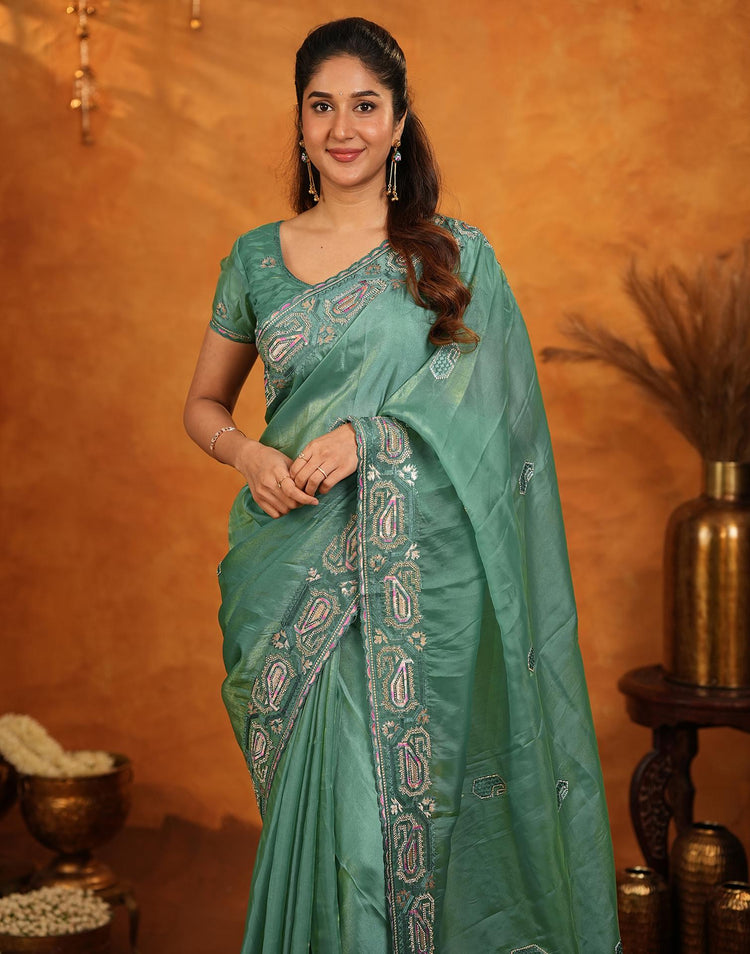 Teal Green Shimmer Silk Stone Work Embroidery Saree