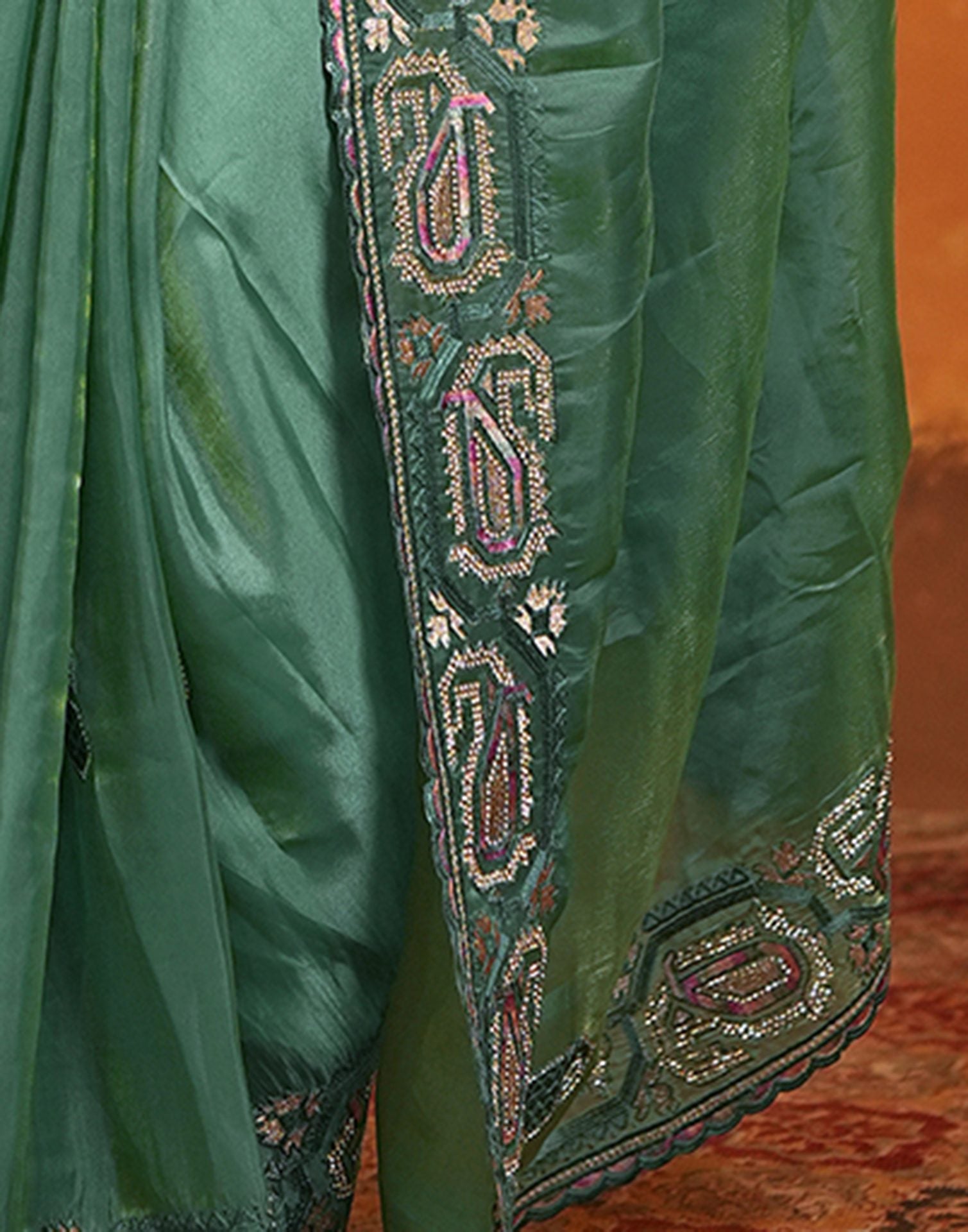 Teal Green Shimmer Silk Stone Work Embroidery Saree