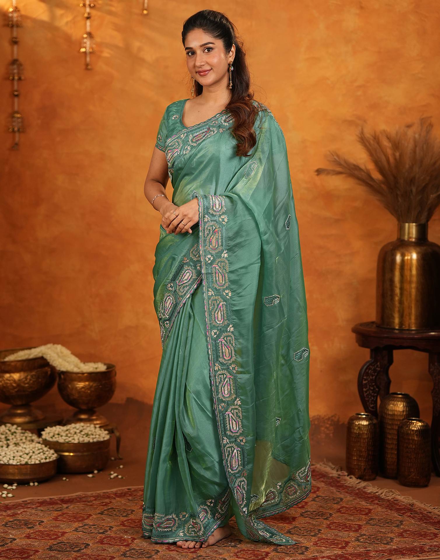 Teal Green Shimmer Silk Stone Work Embroidery Saree
