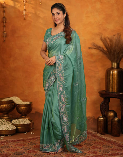 Teal Green Shimmer Silk Stone Work Embroidery Saree