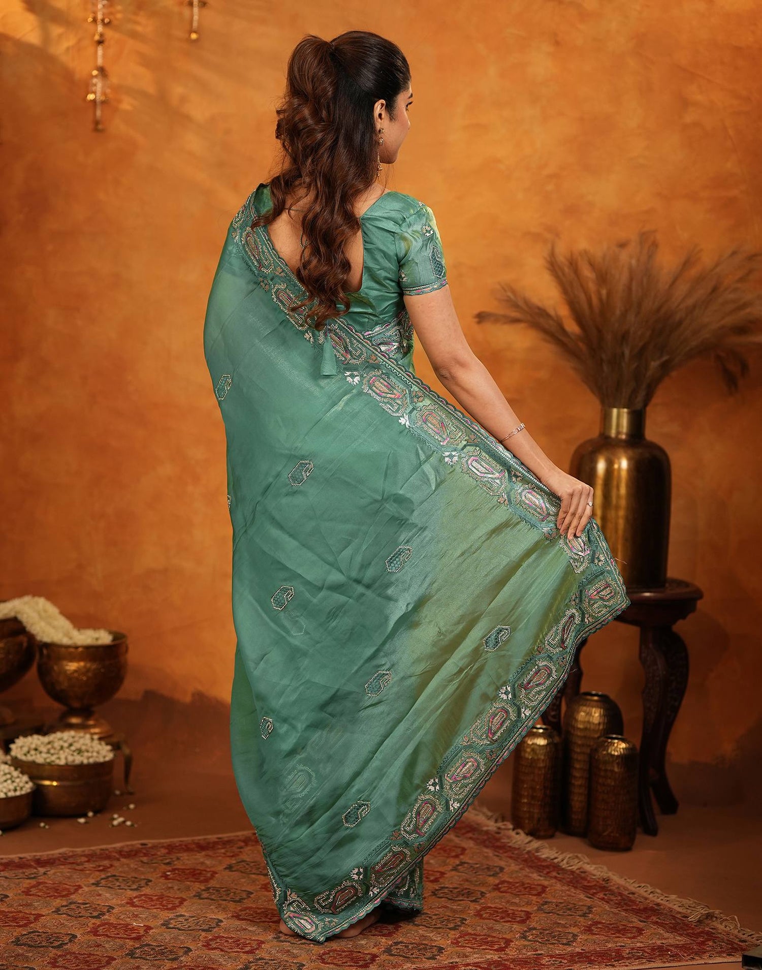 Teal Green Shimmer Silk Stone Work Embroidery Saree