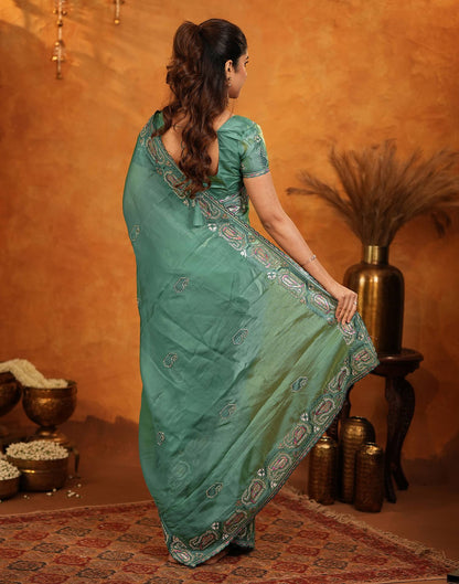 Teal Green Shimmer Silk Stone Work Embroidery Saree