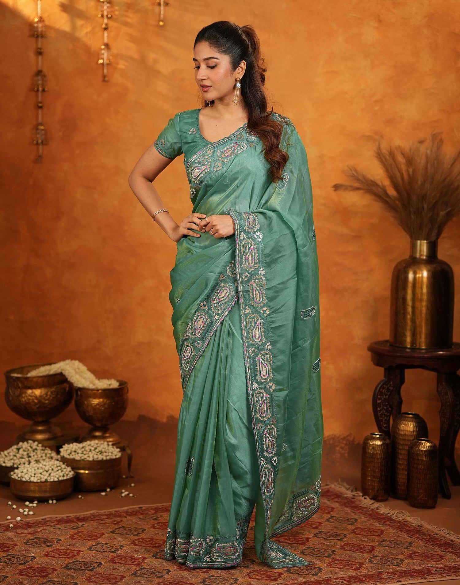 Teal Green Shimmer Silk Stone Work Embroidery Saree