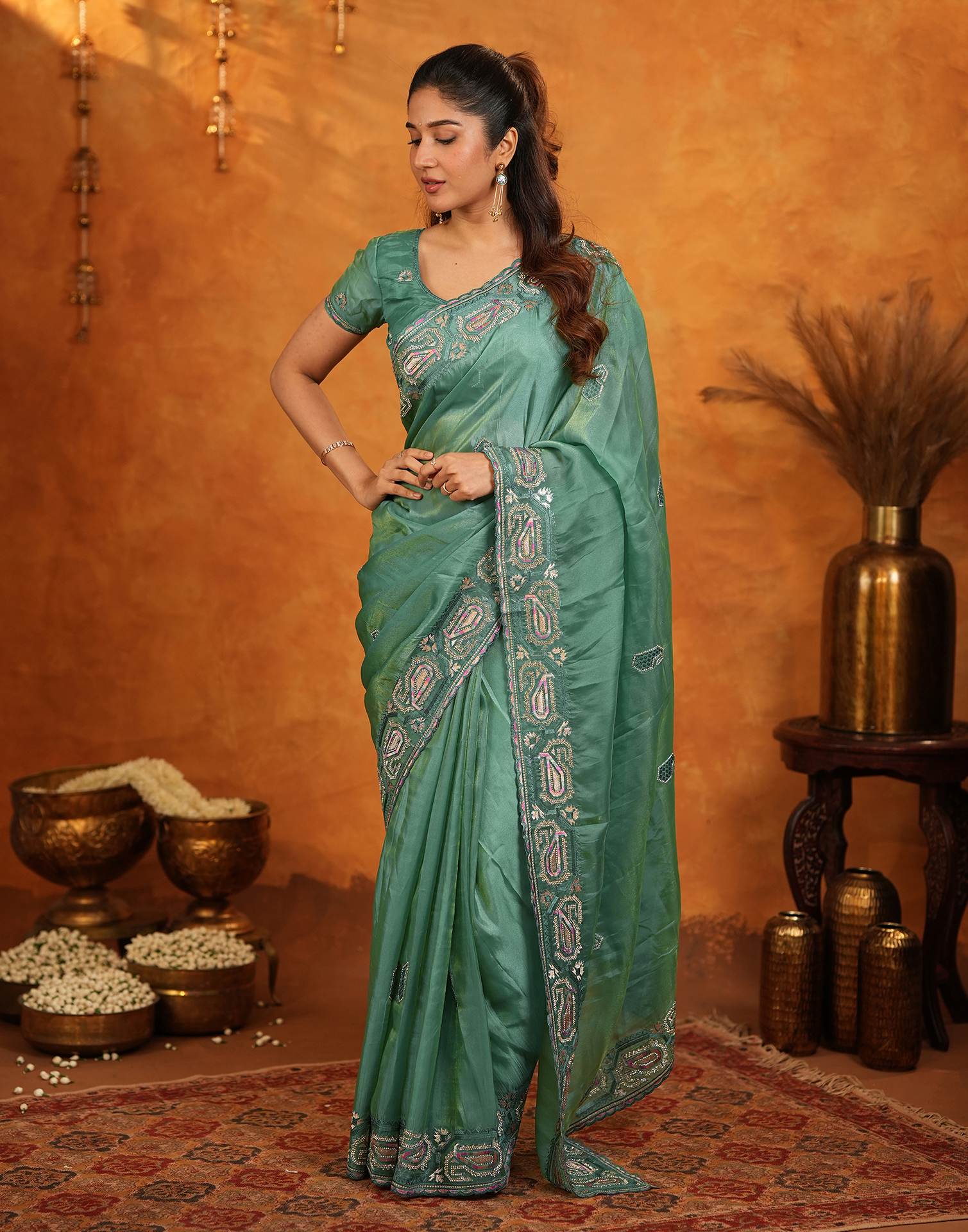 Teal Green Shimmer Silk Stone Work Embroidery Saree