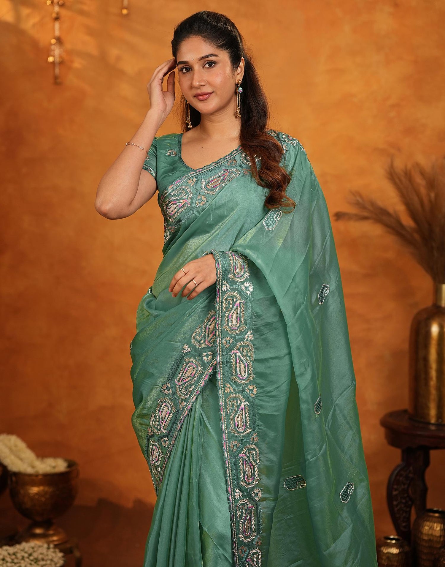 Teal Green Shimmer Silk Stone Work Embroidery Saree