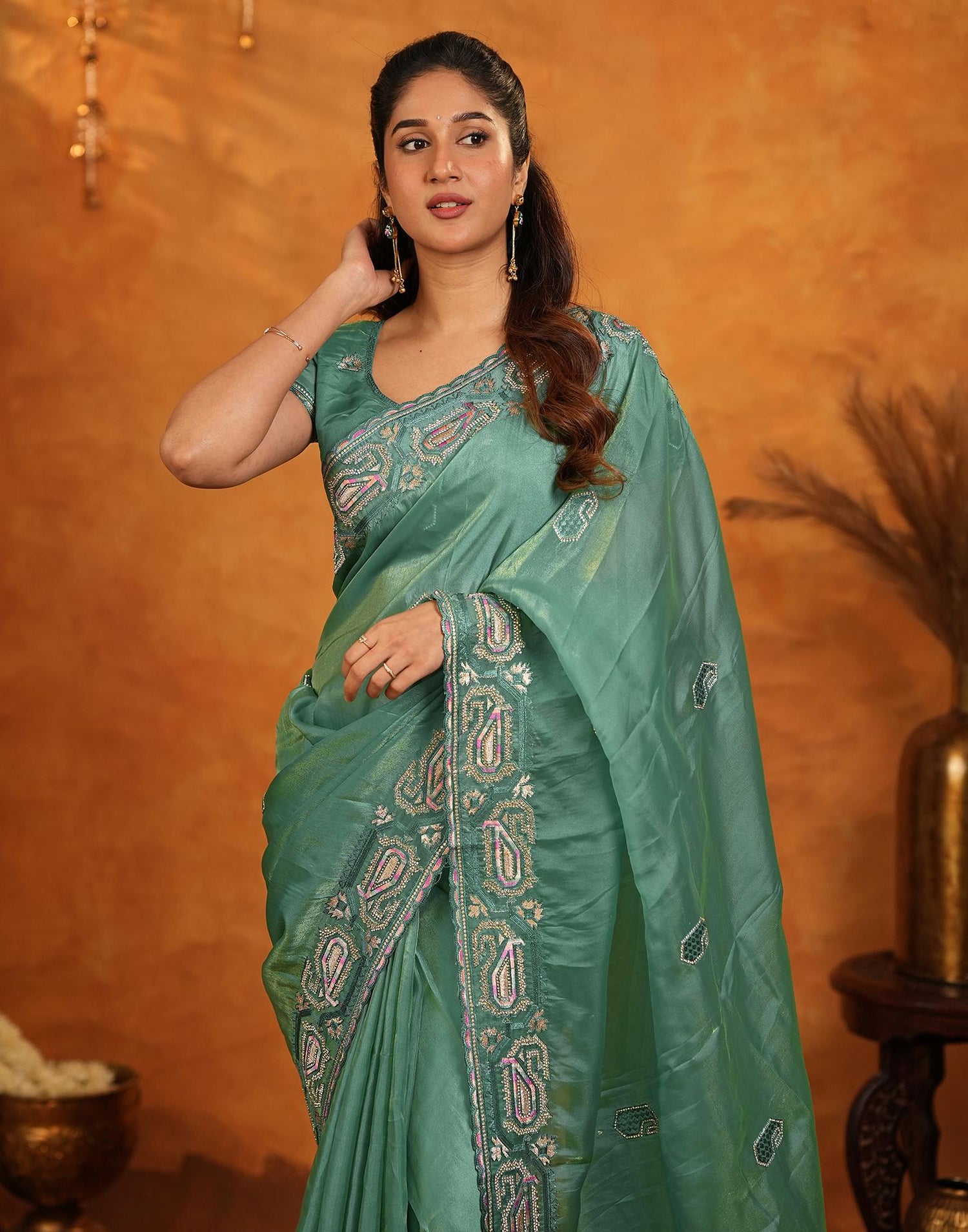 Teal Green Shimmer Silk Stone Work Embroidery Saree