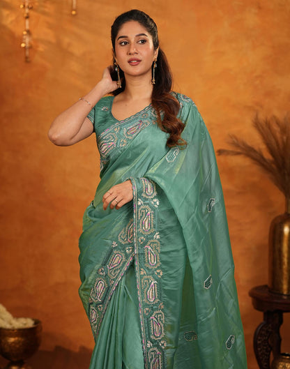 Teal Green Shimmer Silk Stone Work Embroidery Saree