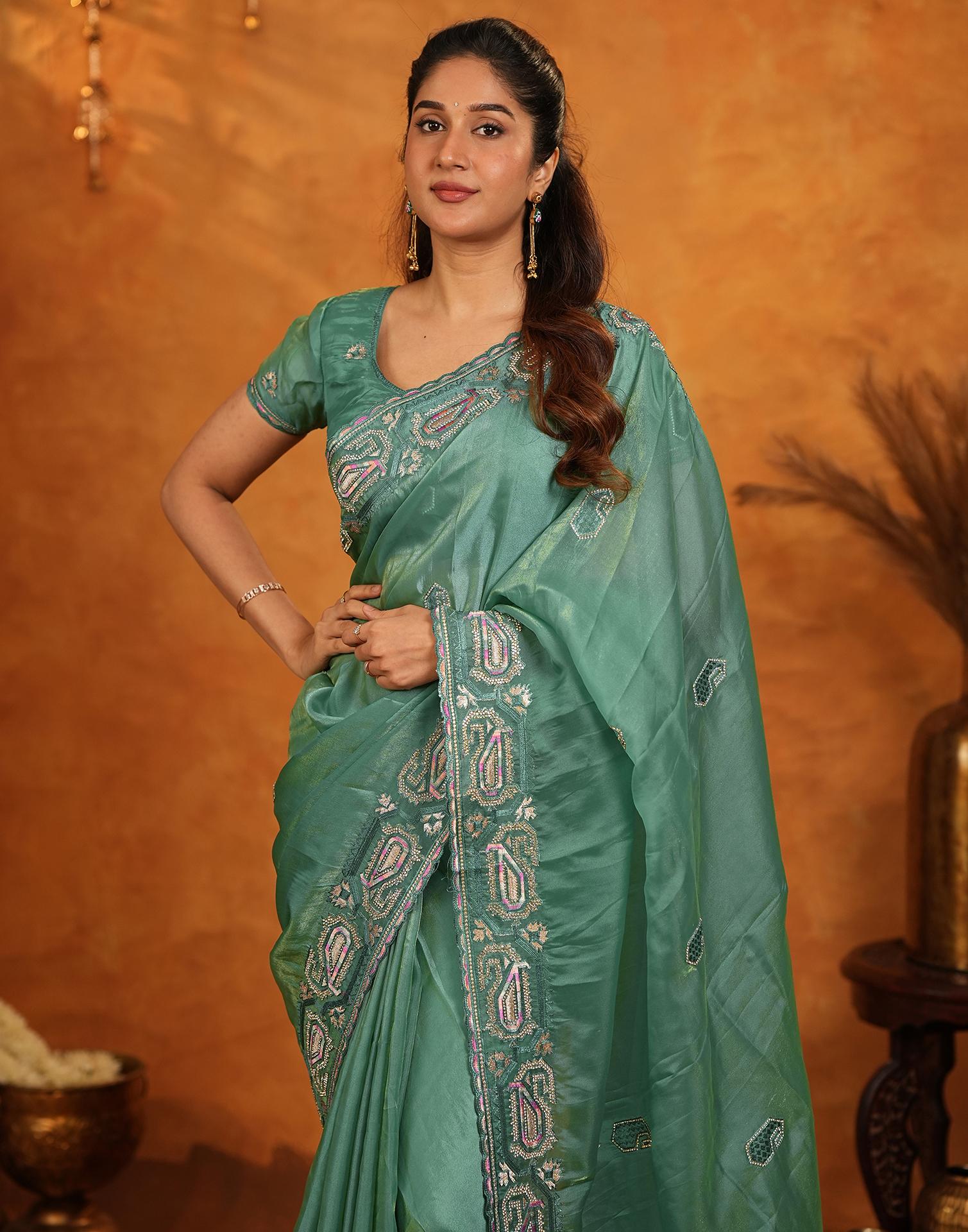 Teal Green Shimmer Silk Stone Work Embroidery Saree