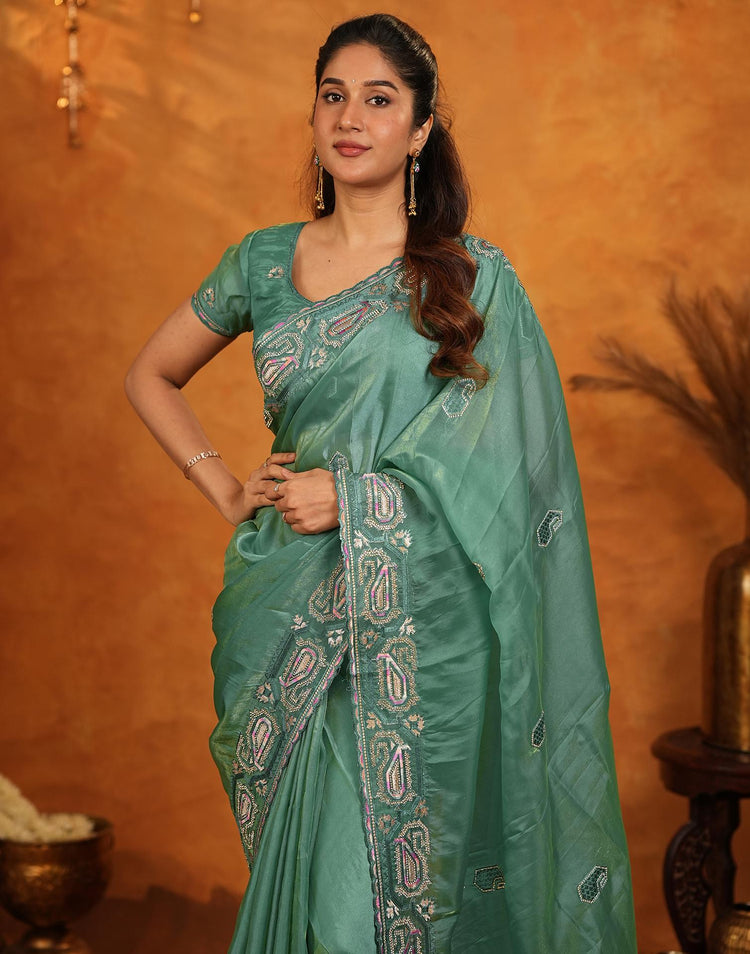 Teal Green Shimmer Silk Stone Work Embroidery Saree