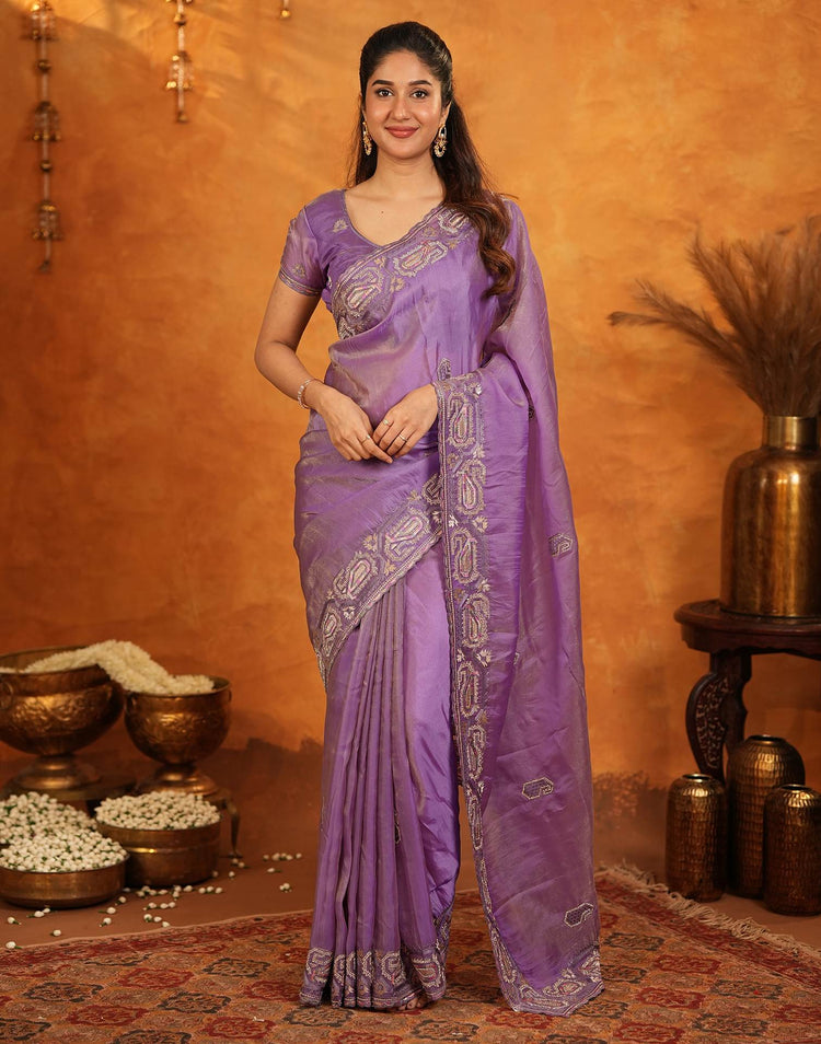 Purple Shimmer Silk Stone Work Embroidery Saree