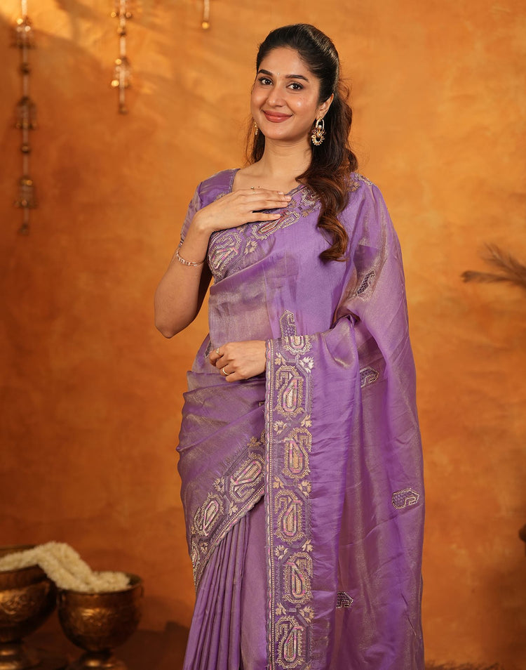 Purple Shimmer Silk Stone Work Embroidery Saree