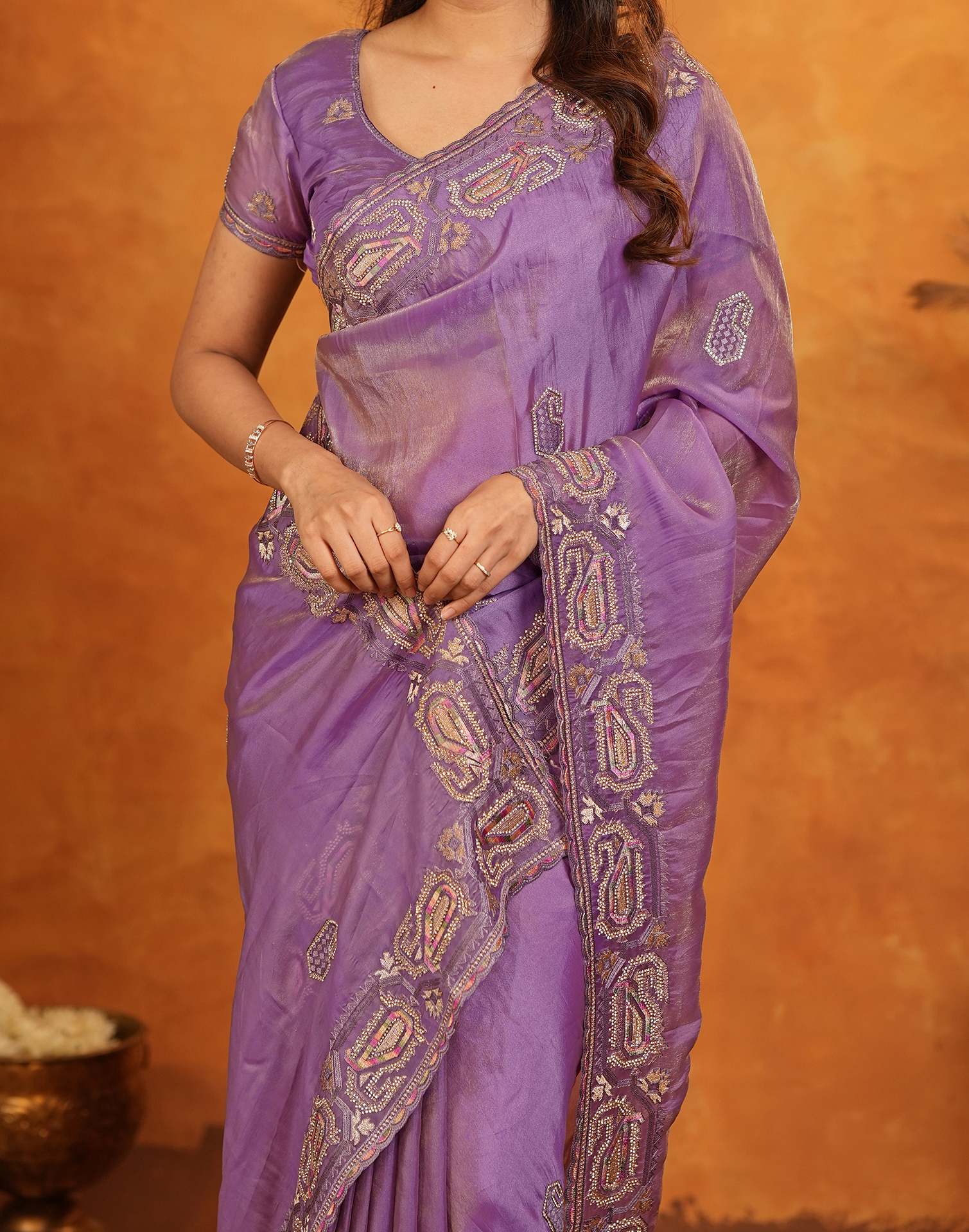 Purple Shimmer Silk Stone Work Embroidery Saree