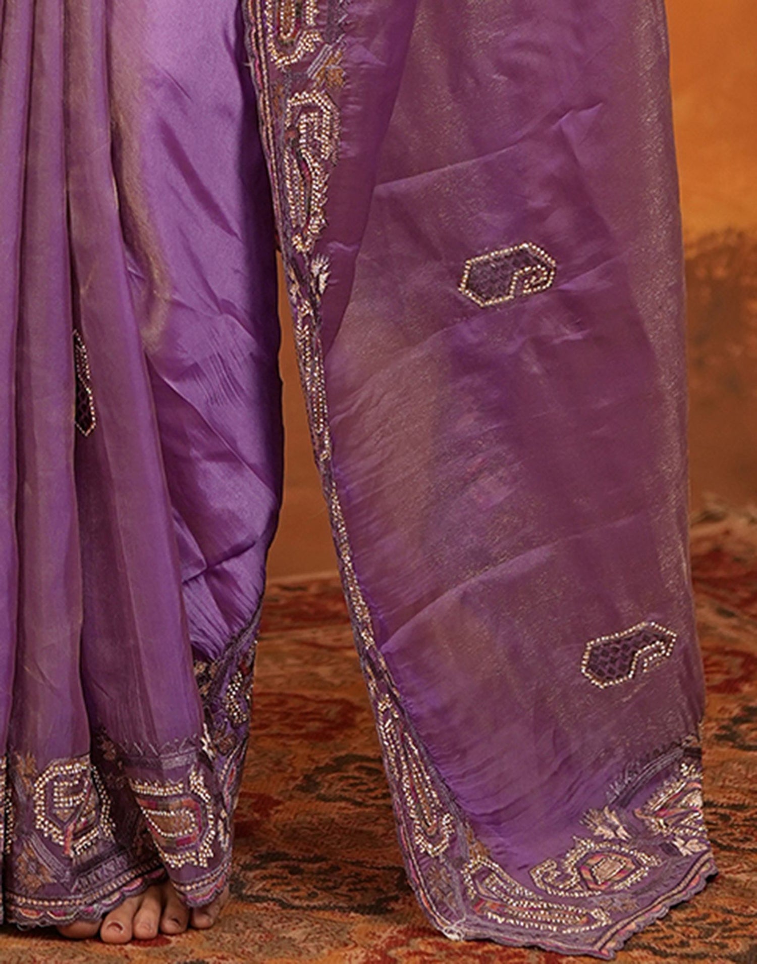 Purple Shimmer Silk Stone Work Embroidery Saree