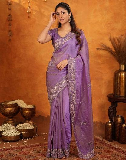 Purple Shimmer Silk Stone Work Embroidery Saree