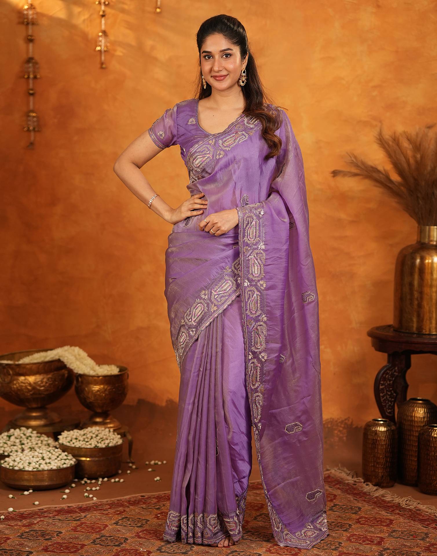 Purple Shimmer Silk Stone Work Embroidery Saree