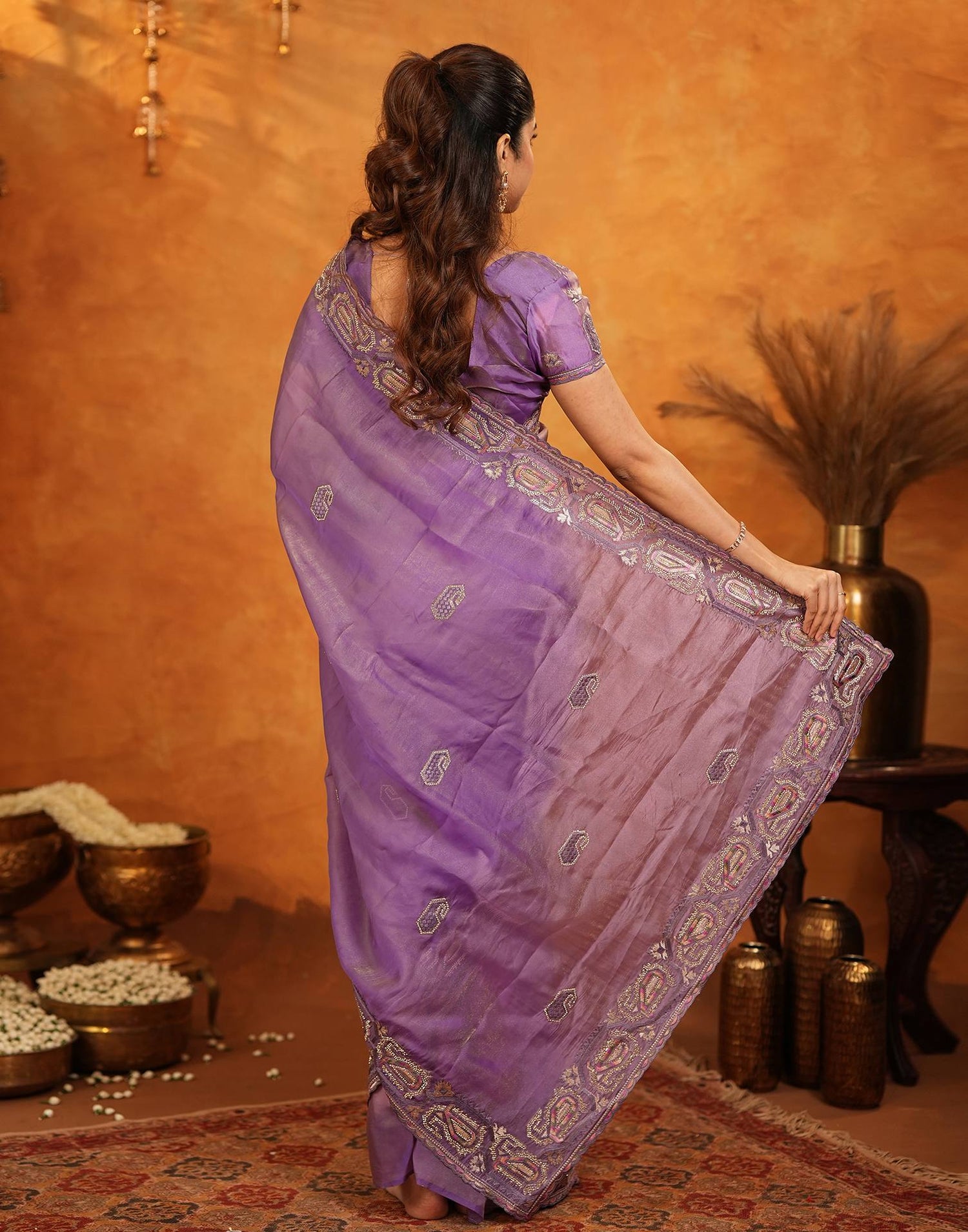 Purple Shimmer Silk Stone Work Embroidery Saree