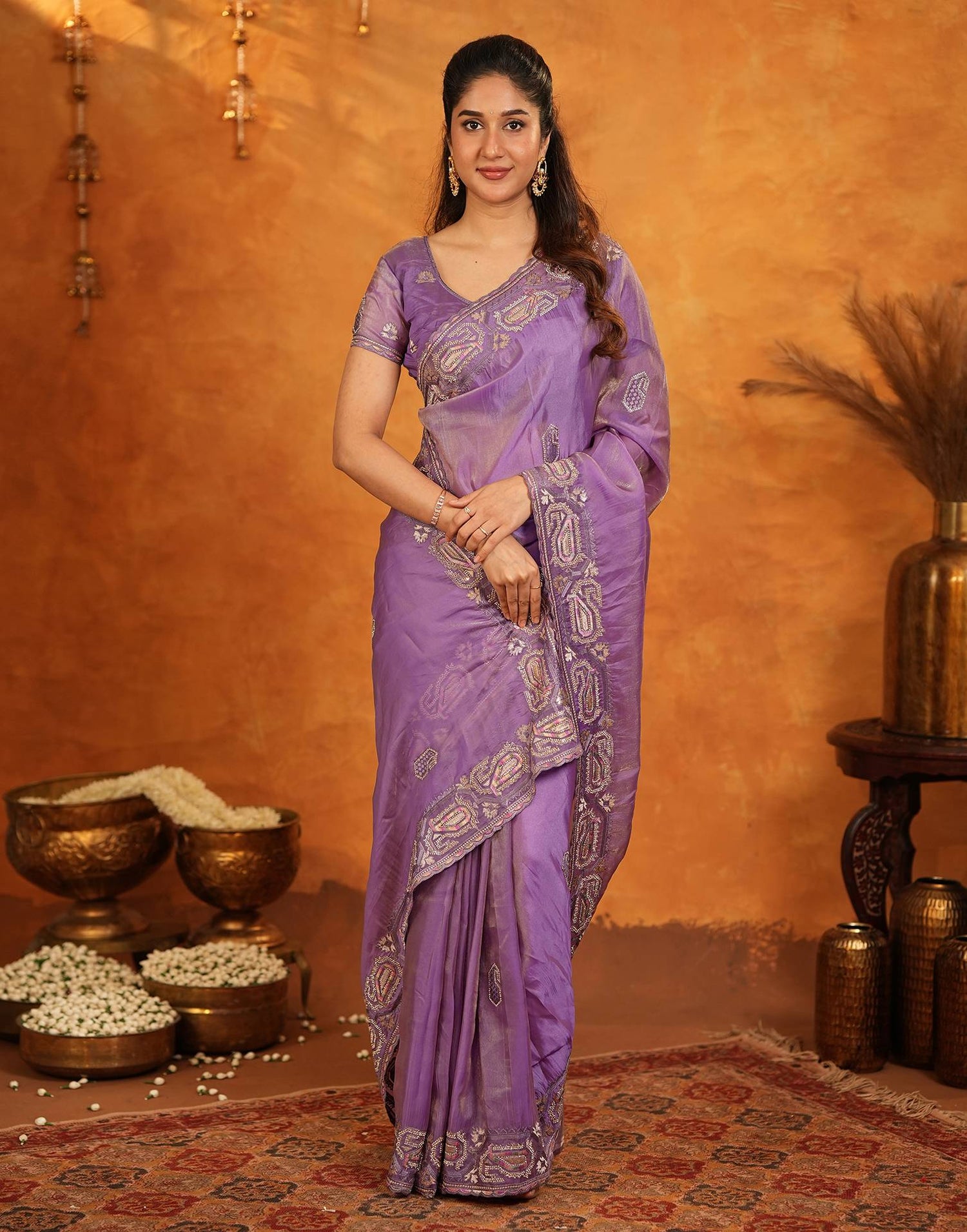 Purple Shimmer Silk Stone Work Embroidery Saree