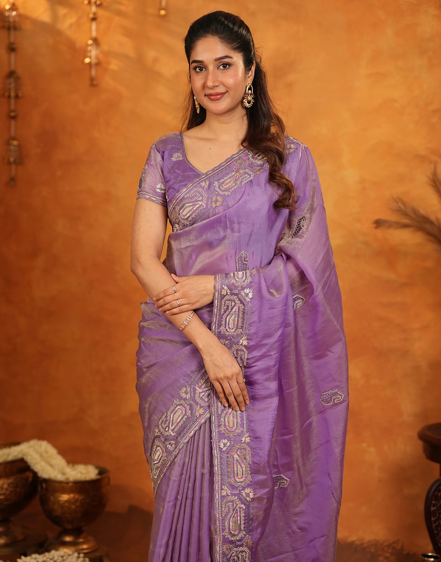 Purple Shimmer Silk Stone Work Embroidery Saree