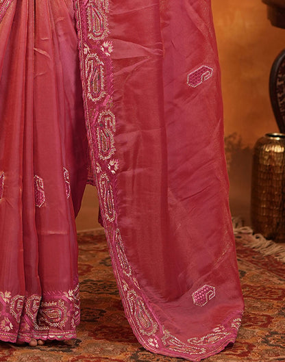 Coral Pink Shimmer Silk Stone Work Embroidery Saree
