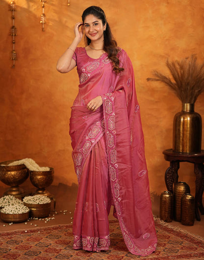 Coral Pink Shimmer Silk Stone Work Embroidery Saree