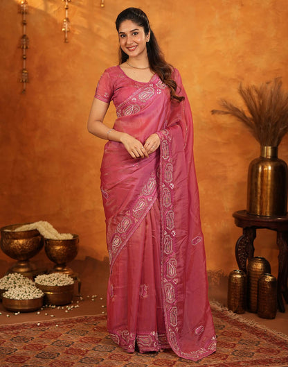 Coral Pink Shimmer Silk Stone Work Embroidery Saree