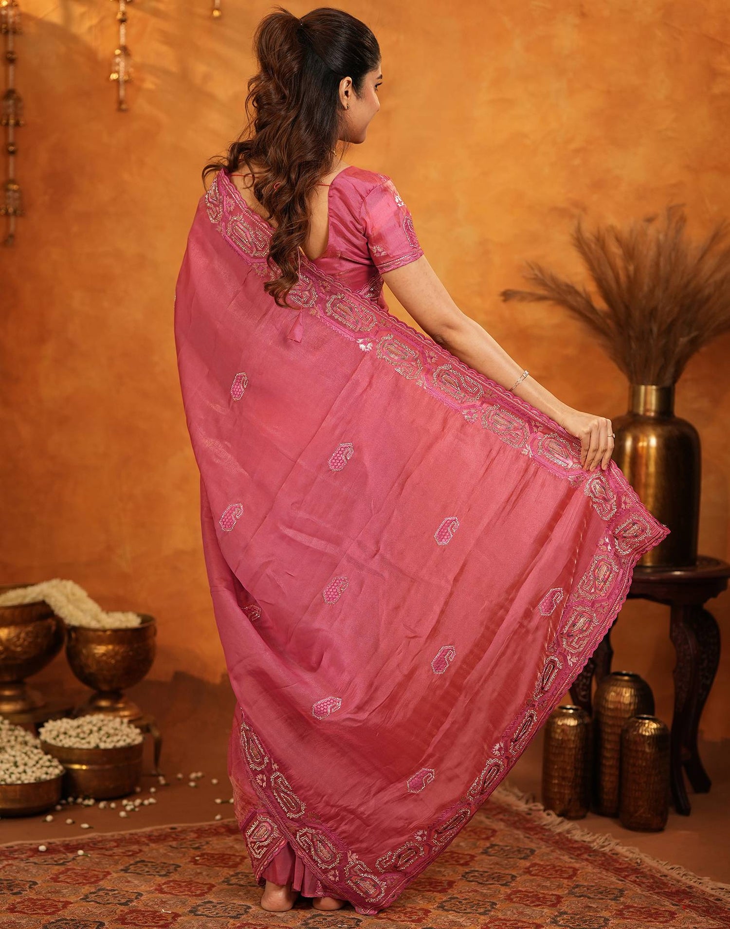Coral Pink Shimmer Silk Stone Work Embroidery Saree