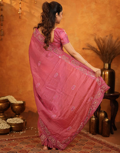 Coral Pink Shimmer Silk Stone Work Embroidery Saree