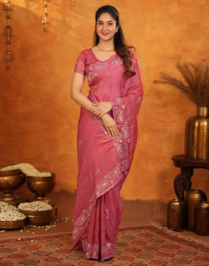 Coral Pink Shimmer Silk Stone Work Embroidery Saree
