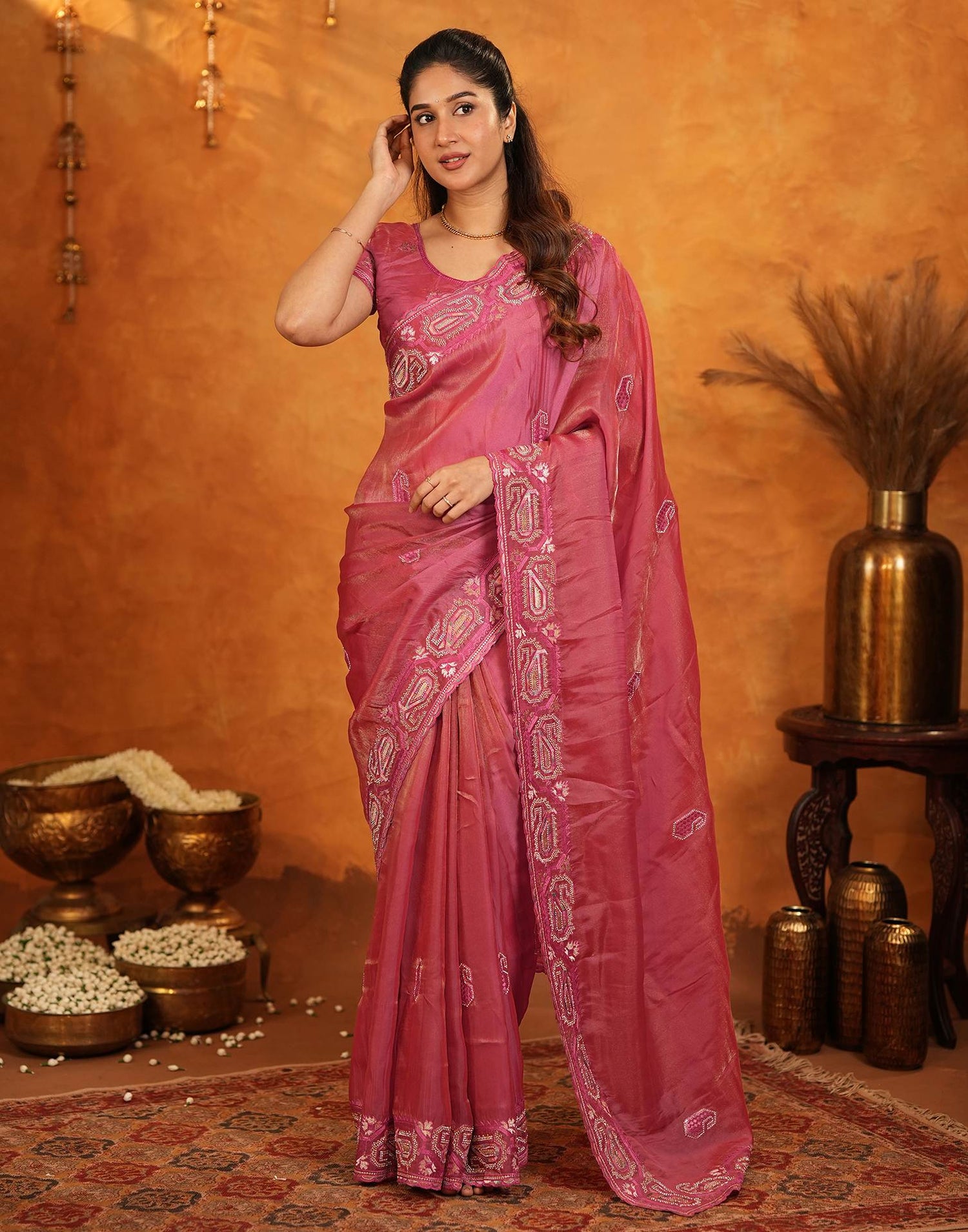 Coral Pink Shimmer Silk Stone Work Embroidery Saree