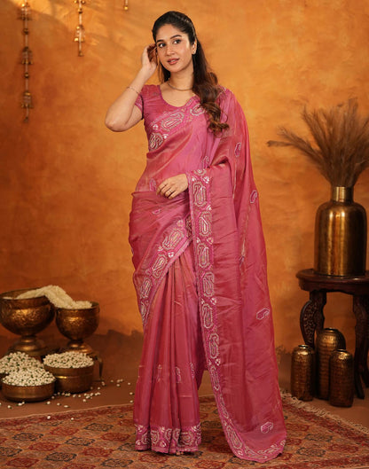 Coral Pink Shimmer Silk Stone Work Embroidery Saree