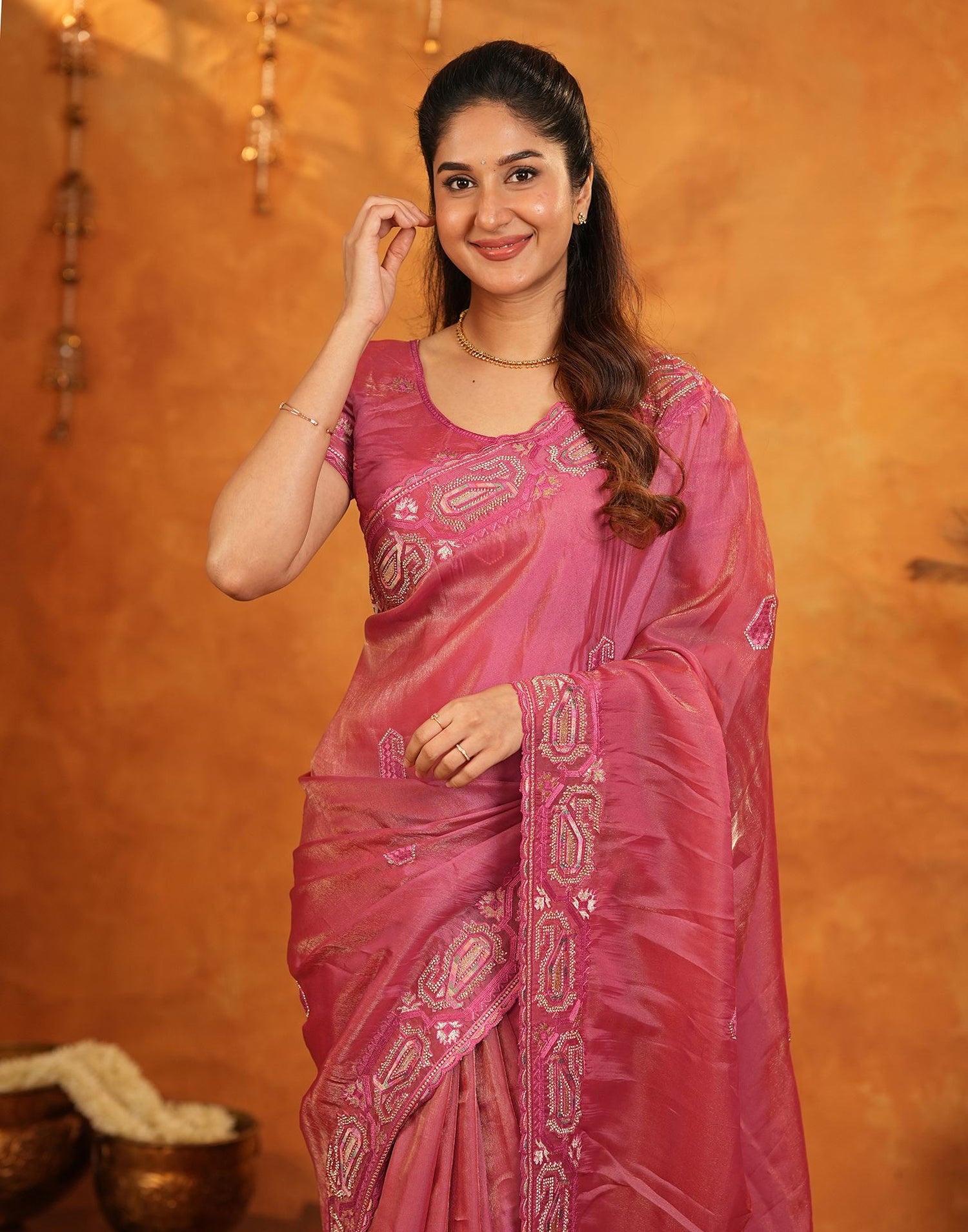 Coral Pink Shimmer Silk Stone Work Embroidery Saree