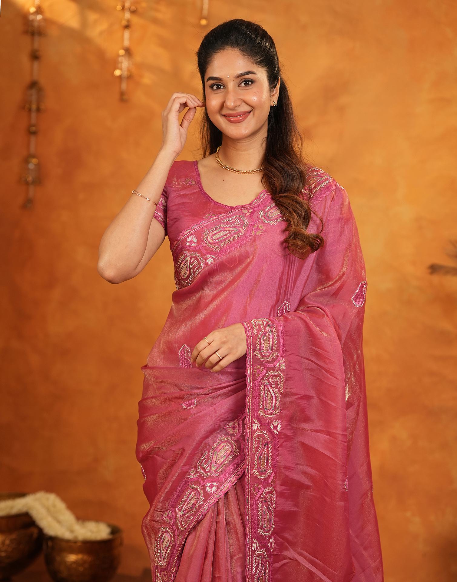 Coral Pink Shimmer Silk Stone Work Embroidery Saree