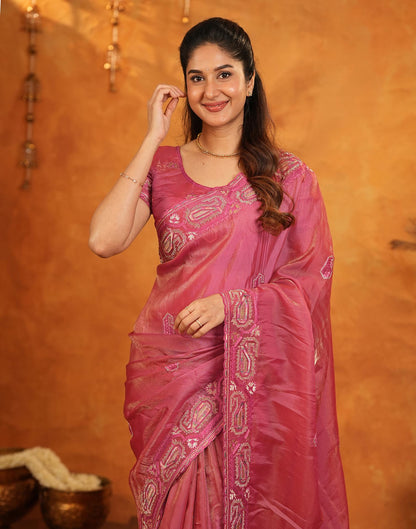 Coral Pink Shimmer Silk Stone Work Embroidery Saree
