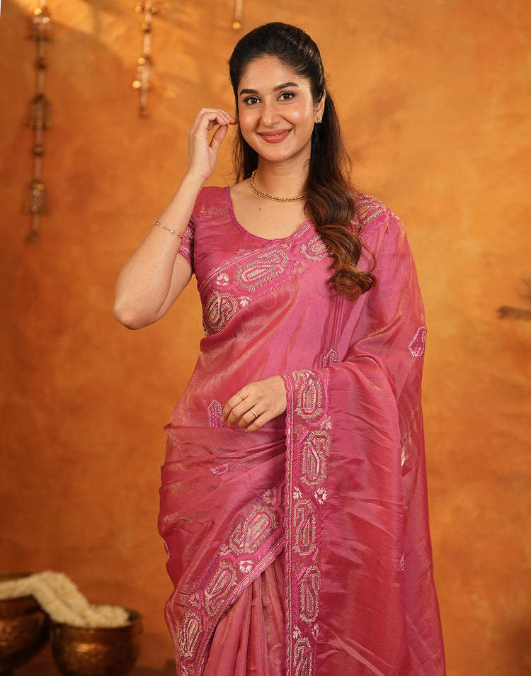 Coral Pink Shimmer Silk Stone Work Embroidery Saree
