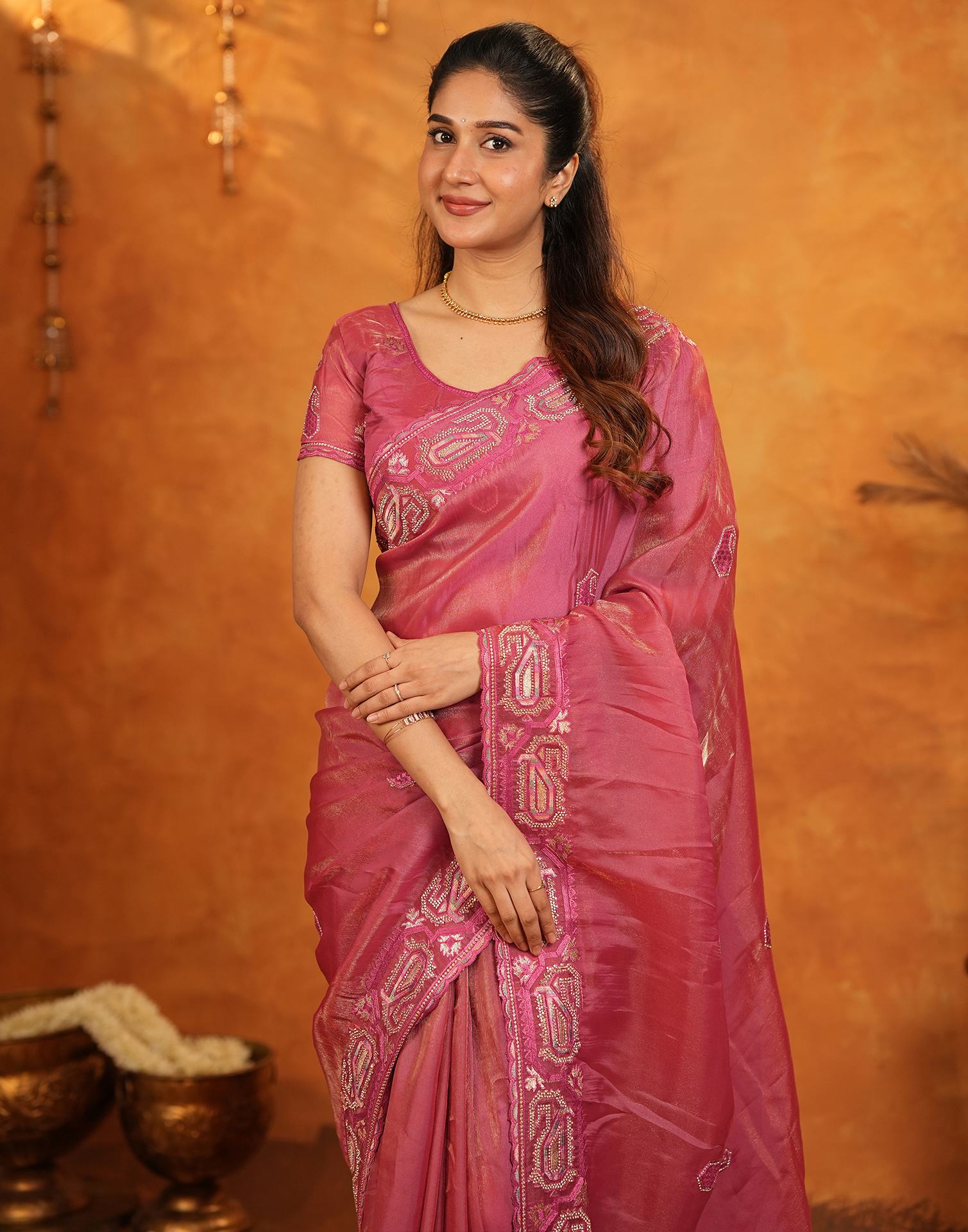 Coral Pink Shimmer Silk Stone Work Embroidery Saree